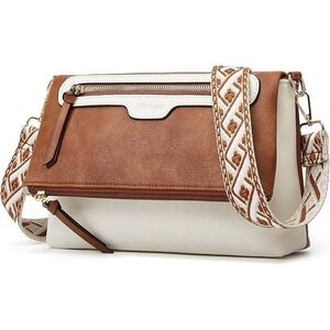 Crossbody Shoulder Bag Women Two Tone Brown White Fashion Purse Wide Strap